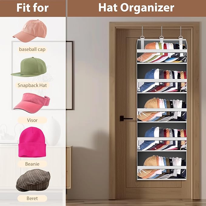 Holds 60 Caps Over the Door Hat Organizer for Baseball Caps,5-Tier Large Capacity Hat Rack Storage for Closet Door, Clear Deep pockerts Hanging Holder with 3 Hooks, Grey