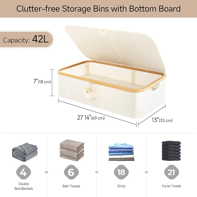 StorageWorks Underbed Storage Box with Bamboo Frame, 42L Flip-Top Under Bed Container for Blankets, Bed Sheets, Coverlets and Towels, Beige