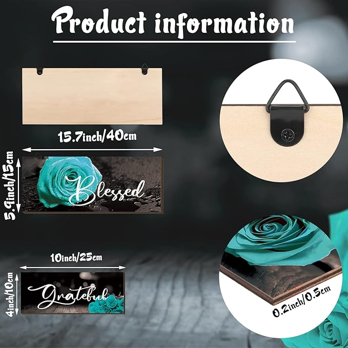 Hillban 3 Pieces Rose Wooden Wall Decor Rose Bathroom Decor Thankful Grateful Blessed Accessories Inspirational Wall Art Signs for Living Room Kitchen Wedding(16 x 6 Inch,Teal)