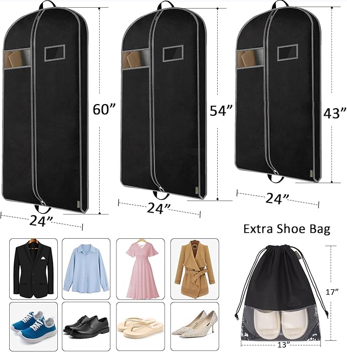 BALEINE 2PK Heavy Duty Garment Bag with Shoe Storage Travel Bag for Dresses, Suit, Coats Travel Essential (54", Black)