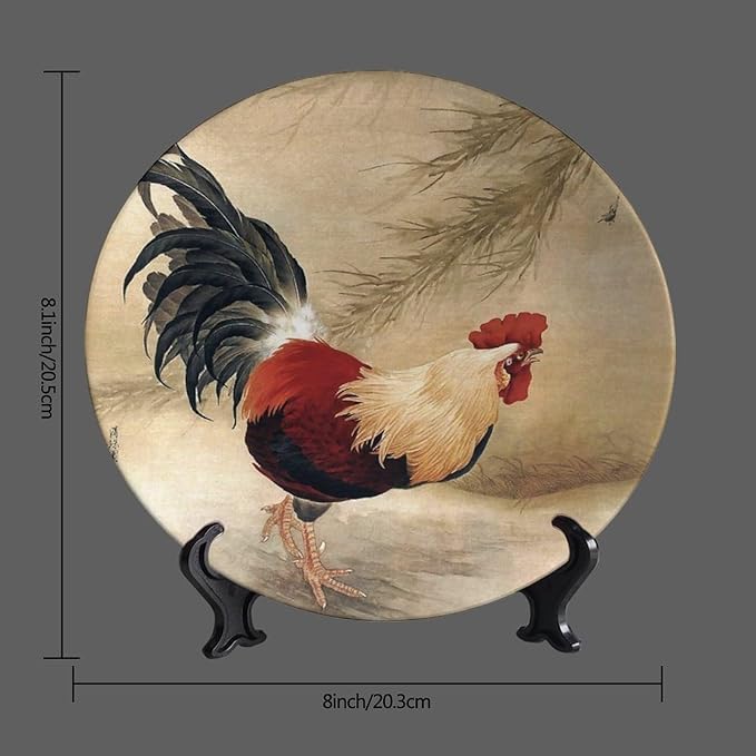 Rooster Decorative Plate Holder, 8 Inch, Rooster In The Reeds Round Display Plate, Hanging Decorative Plate with Display Stand, for Display Living Room Kitchen Closet Table Decor