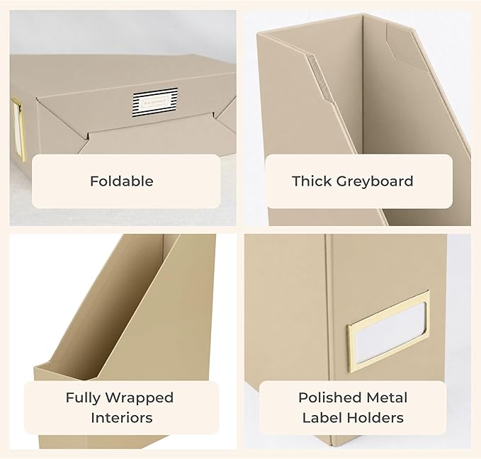 BLU MONACO | Set of 6 Foldable Taupe Magazine File Holders with Label Holders | Vertical File Organizer & File Storage Boxes for Desk, Shelves & Home Office