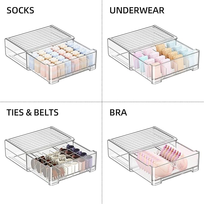 Underwear Drawer Organizer, Plastic Bra Storage Organizer for Closet, Bra Shelf Organizer, Clear Plastic Bra Drawers Stackable Pull Out Drawer Closet Organizer for Belts, Ties, Scarf