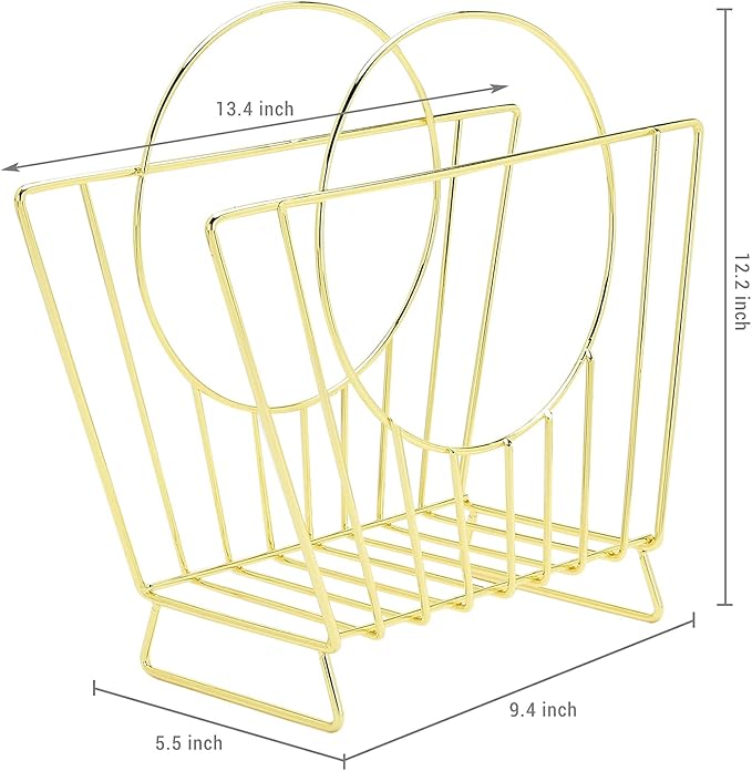MyGift Mid-Century Brass Plated Metal Free Standing Magazine Holder Document File Rack with Decorative Bag Shaped Design