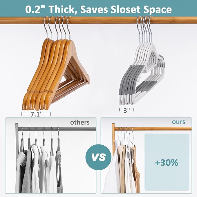 Pack of 30 Clothes Hangers, Space Saving Plastic Hangers, Non-Slip, 0.2 Inches Slim, 360° Swivel Silver Hook for Shirts, Pants & Wet/Dry Garments, White and Dark Gray