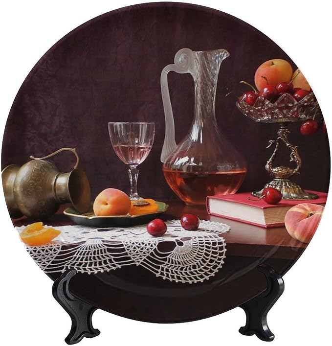 WineDecorative Ceramic Plates, 6 Inch, Red Wine Cherry Fruit Round Display Plate, Handmade Ceramic Ornament, Ceramic Craft for Wall Hanging Decorative