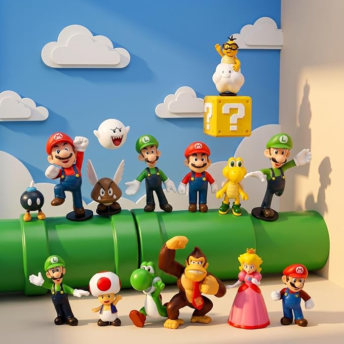 18 Pcs Mario Figurines Set, Mario Mini Collection Figures, Ideal for Cake Toppers & Party Scene Decor
