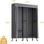 H9 Heavy Duty Rolling Clothes Rack with Cover, Covered Garment Rack with Wheels and Shelves, Wardrobe Closet, Portable Closet for Hanging Clothes, Black Clothing Rack with Grey Cover