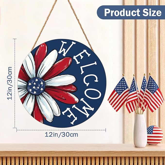 4th of July Decorations Memorial Day Door Sign 12x12 Inch American Patriotic Wood Door Hanger Independence Day Wreath Red White Blue Flower Welcome Hanging Sign for Front Porch Farmhouse Decorations