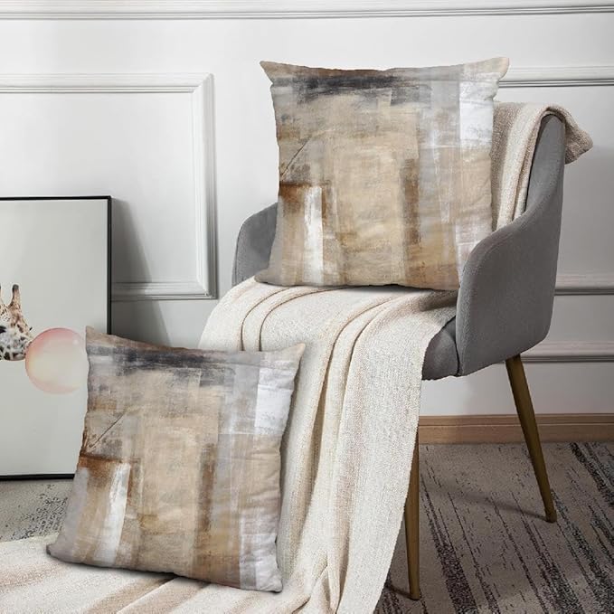 Brown Gray Abstract Art Artwork Pillow Cover, Gallery Modern Decorative Throw Pillows Cushion Cover for Bedroom Sofa Living Room 24 x 24 Inch Set of 2