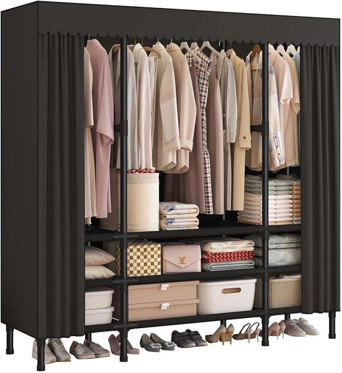 Portable Closet,Garment Rack,Heavy Duty Clothes Rack with Cover,Wardrobe Closet with 3 Hanging Rods, 9 Storage Shelves,55.1" L x 17.7" W x 67.7" H,Black