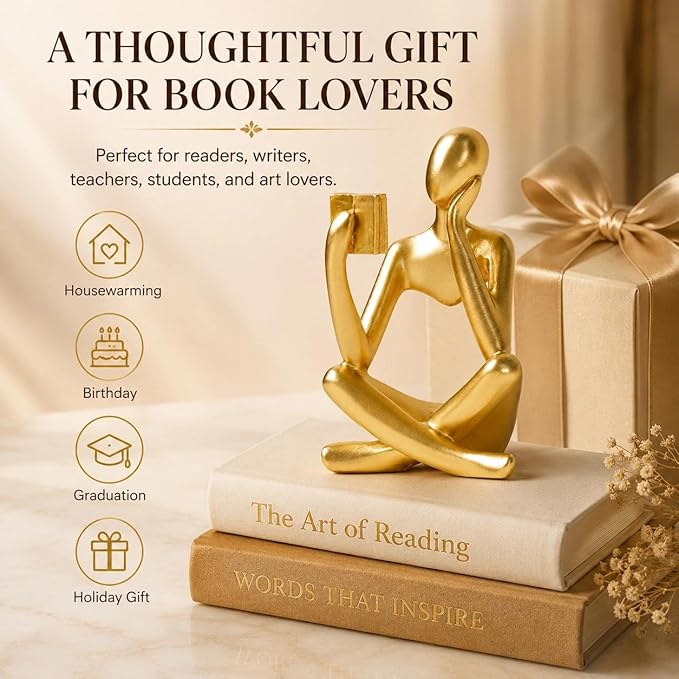 Gold Accent Bookshelf Decor Thinker Statue, Abstract Reading Figurine Style B, Resin Decorative Bookend for Coffee Table, Shelf, Office, Library