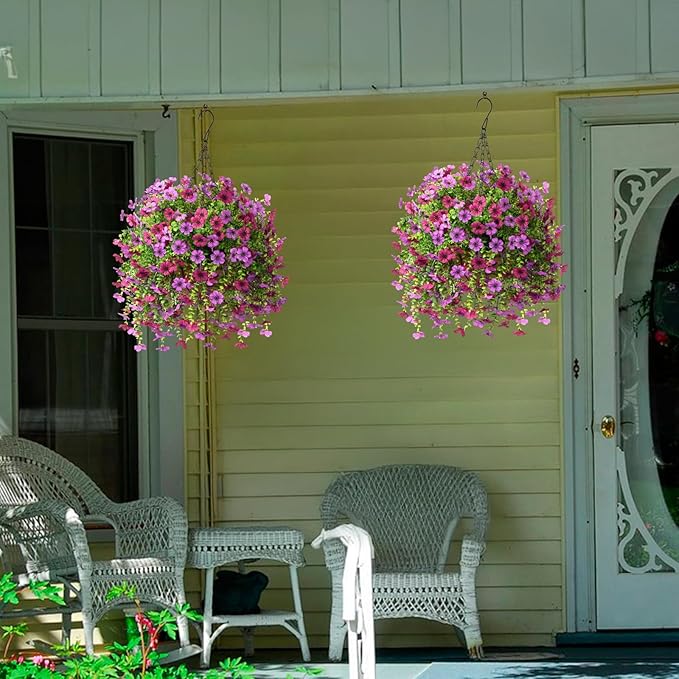 Artificial Hanging Flowers for Outdoors Spring Decoration, 2PCS Silk Fake Daisy Realistic Outdoor Flowers UV Resistant Porch Patio Window Yard Decor(Light Purple Red)