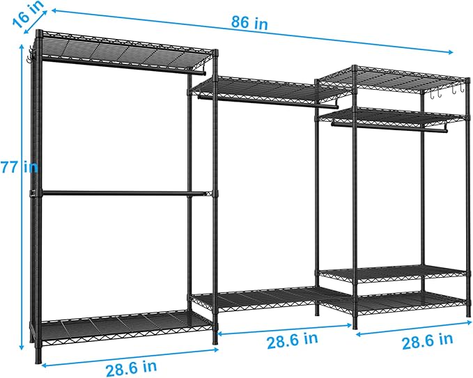 Ulif E13 Max Heavy Duty Clothes Rack（With 4 Hanger Rods & 8 Shelves） Freestanding Clothing Racks for Hanging Clothes，Adjustable Closet，Metal Garment Rack 86" W x16 D x77 H，Max Load 1100LBS，Black
