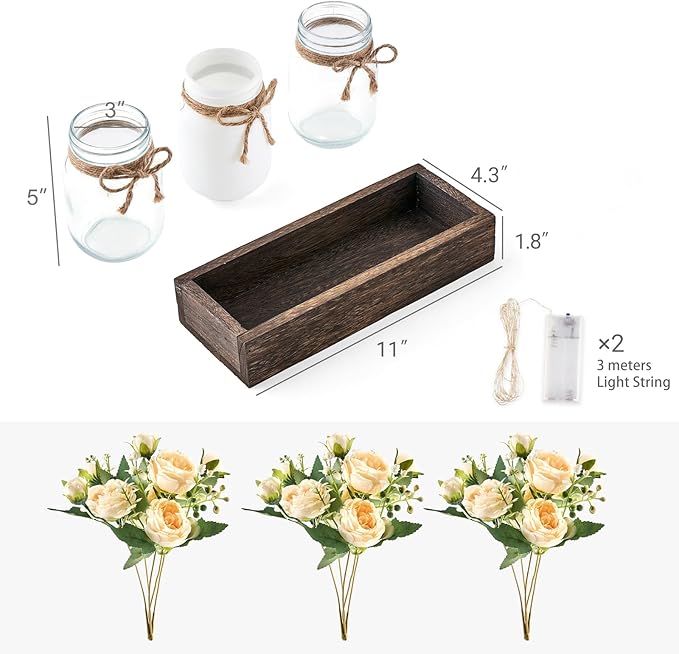 Mkono Mason Jar Lights Centerpiece Table Decor for Dining Room Farmhouse Wood Tray with 3 Jars Flowers Valentines Day Decoration for Coffee Table Kitchen Living Room Wedding