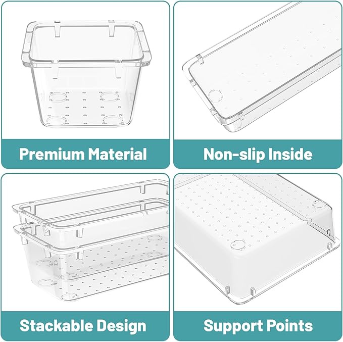 WOWBOX 32 PCS Clear Plastic Drawer Organizer Set, 4 Sizes Desk Drawer Organization and Storage Containers for Makeup, Cosmetics, Jewelry and Gadgets in Kitchen, Bathroom, Bedroom, Office, Clear