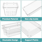 WOWBOX 16 PCS Clear Plastic Drawer Organizer Set, 4 Sizes Desk Drawer Organization and Storage Containers for Makeup, Cosmetics, Jewelry and Gadgets in Kitchen, Bathroom, Bedroom, Office, Clear