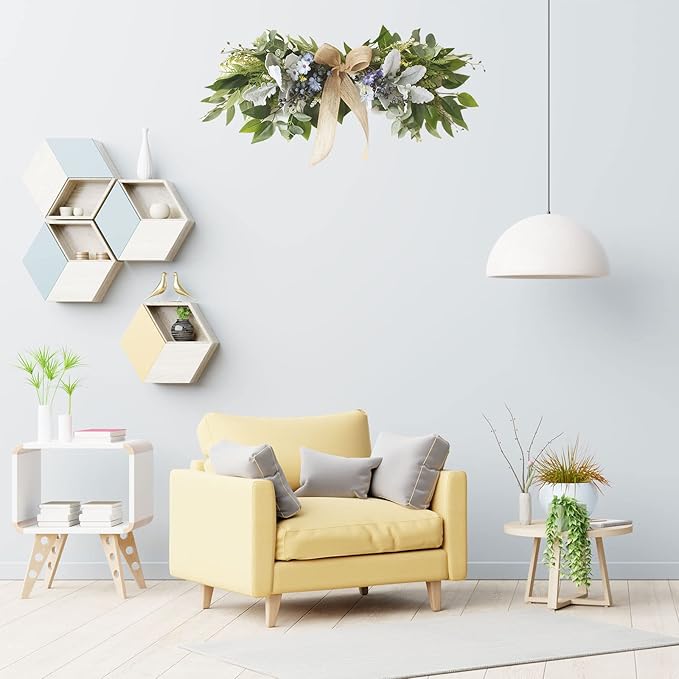 Artificial Eucalyptus Swag with Daisy Flower 25.6in Greenery Swag with Bow and Flocking Leaves Berries Farmhouse Decorative Swag for Home Wedding Wall Door Decor