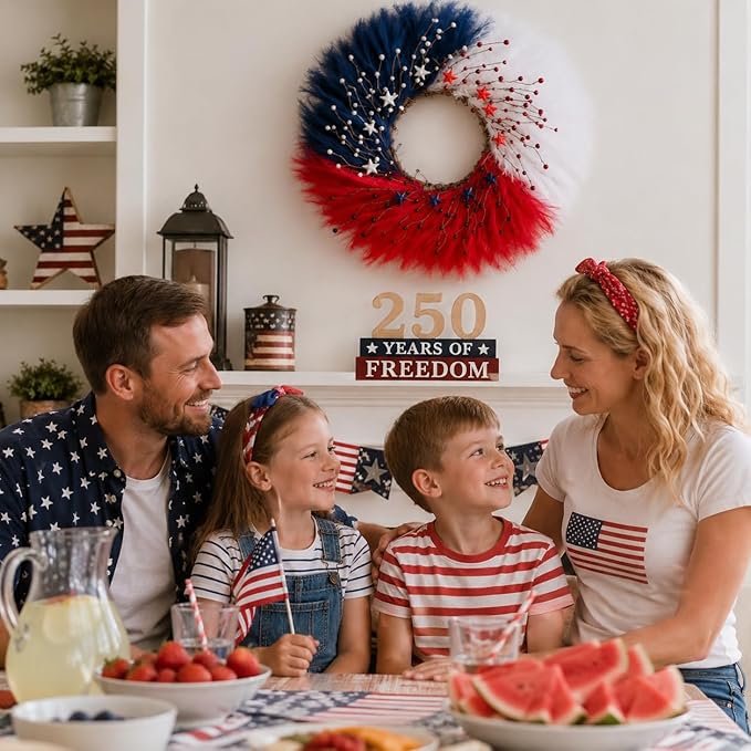 TEMPUS 30 Inch Patriotic Wreath for Front Door, Artificial Pampas Grass Reeds Wreath with Red White Blue Berries and Metal Stars, 4th of July Memorial Day Decor