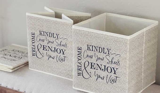 Shoe Cover Box - Welcome Guests to Please Cover Shoes. Indoor Foldable Storage Bin to Fill w/your Favorite Booties. For Homeowner, Real Estate Agent, Realtor Open House Supplies | 1 Beige & Black