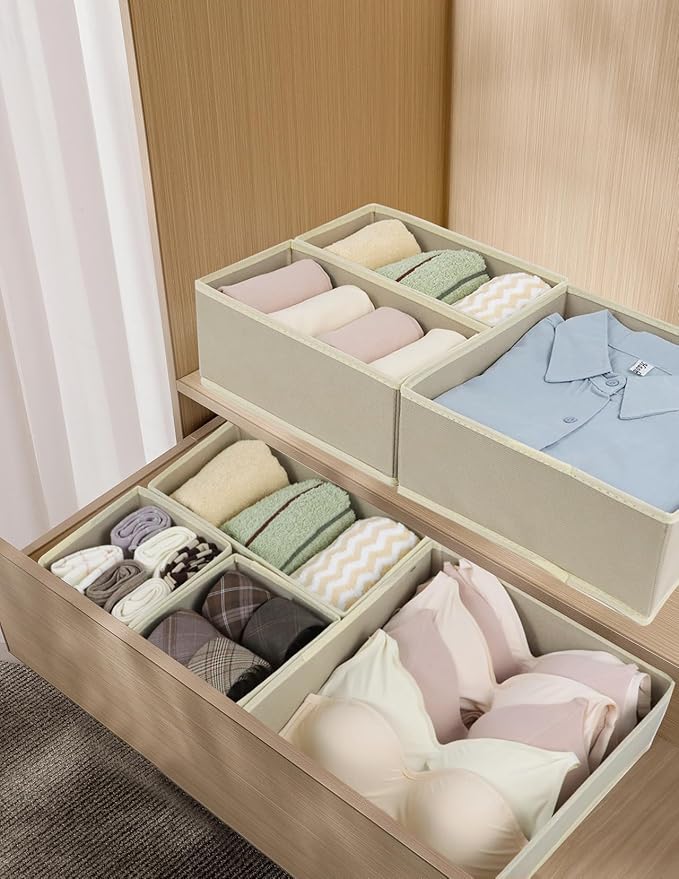12 Pack Drawer Organizer Clothes, Foldable Fabric Dresser Organizer Closet Organizers and Storage Box for Underwear,Folded Clothes,Baby Clothing,Socks,Bra,Towels,Ties(12 Pack,Beige)