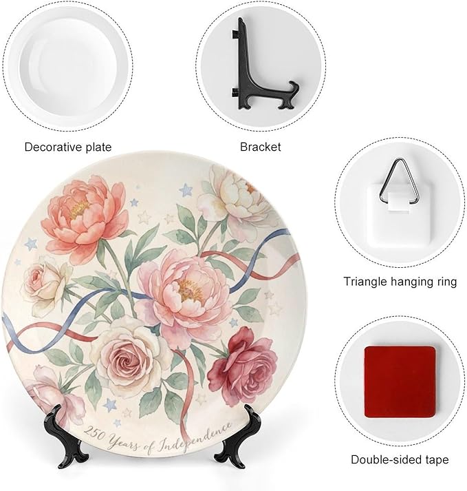 250th Anniversary Decorative Plates 10 Inch Watercolor Floral Patriotic Decorations Commemorative Plates with Stand Memorial Day 4th of July Veterans Day Home & Office