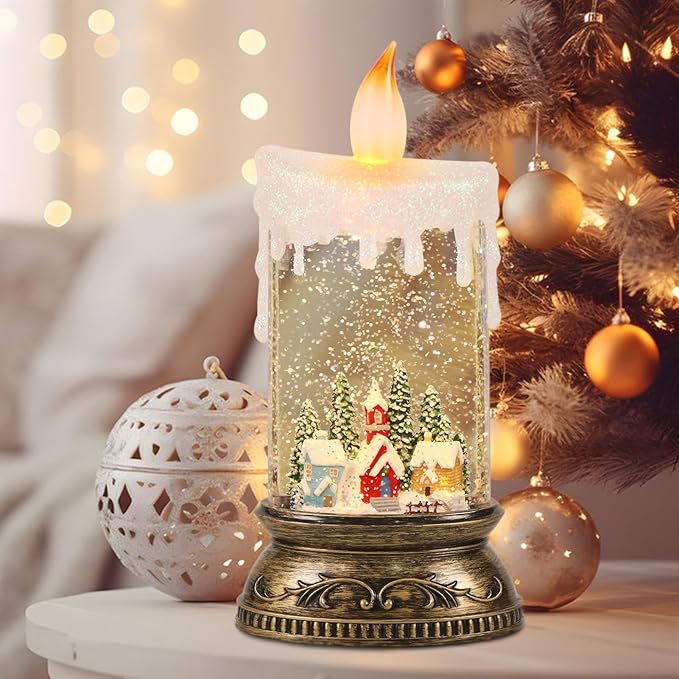 Wondise Rechargeable Musical Snow Globe Lantern with 6H Timer, Battery Operated USB Powered Lighted Snow Globe Lamp Spinning Water Swirling Glitters Holiday Decor-Winter House