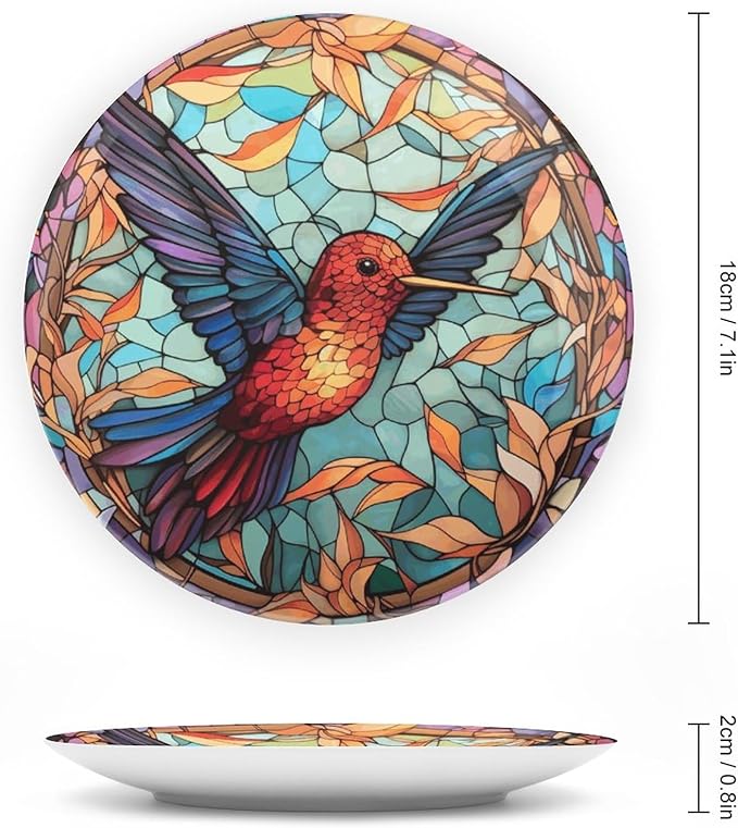Decorative Plates for Home Decor, Colorful Stained Glass Design Hummingbird Decor Tray for Table Display, Ceramic Dinner Plate W/Stand, Living Room Decor, Gifts for Hummingbird Lovers, 7 Inch