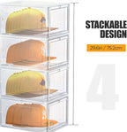 Hat Organizer Box, Stackable Clear Baseball Caps Holder Box Containers with Magnetic Door for Hats Snapback Cap Storag, Hat Rack Display Case, Holds 8 Hats Each (Clear, 4 Pack)