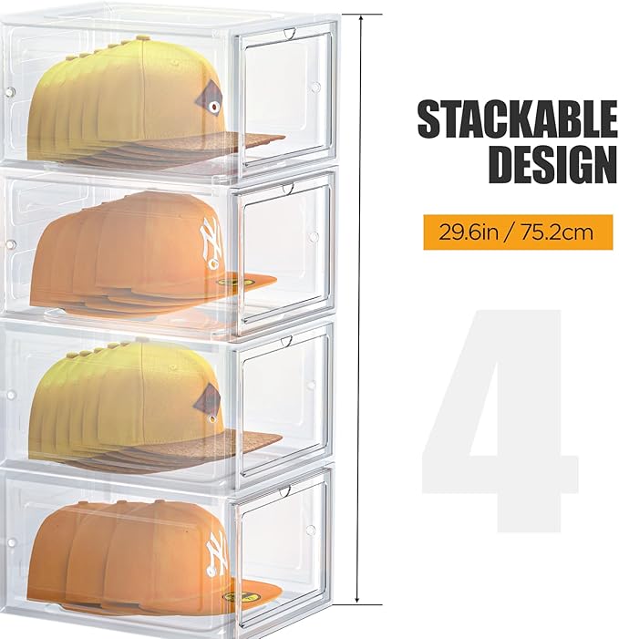 Hat Organizer Box, Stackable Clear Baseball Caps Holder Box Containers with Magnetic Door for Hats Snapback Cap Storag, Hat Rack Display Case, Holds 8 Hats Each (Clear, 4 Pack)