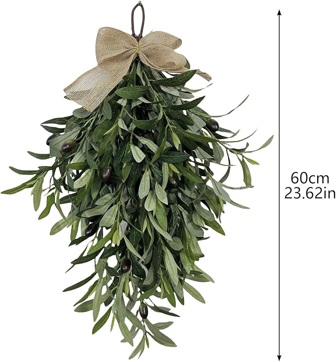 24 Inch Artificial Teardrop Swag Olive Wreath with Bow, Hanging Green Leaves Teardrop Door Wreath with Fruits, Faux Spring Greenery Wreath for Front Door Wall Farmhouse Decor