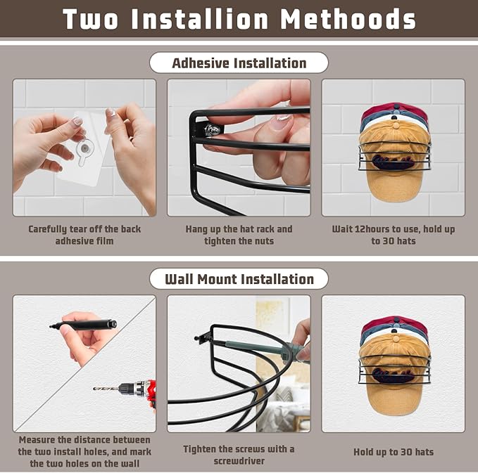 Hat Organizer for Baseball Caps, 2-Pack Black Metal Hat Rack for Wall Door, Adhesive/Wall Mounted Hat Storage Holder Small Closet Organizers and Storage Solution Ideas