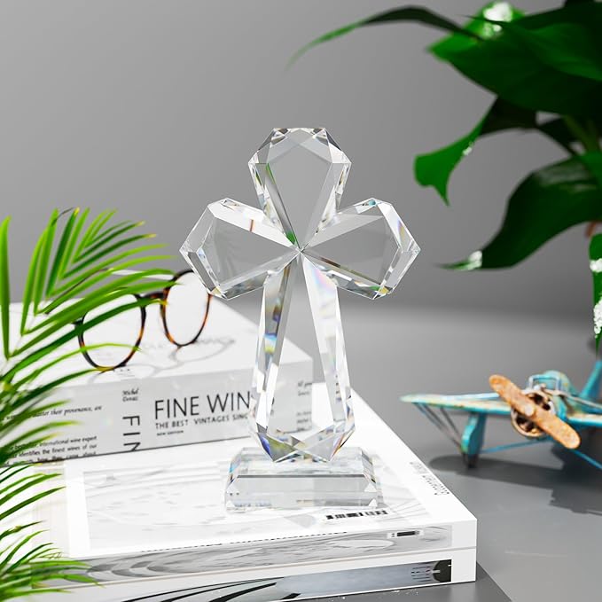 YWHL Clear Crystal Standing Cross Figurine Decor, Holy Cross Collectible Figurines Decoration, Religious Gifts for Women Men, Handmade Christian Easter Cross for Home Office