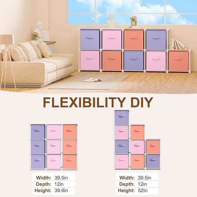 9 Cube Storage Organizer with Shelf Back to School Boxes 11 Inch Toy Storage Bins Closet Organizers Drawers Fabric Dresser for Playroom Books Bedroom Dorm Kitchen (Pink,Purple,Orange)