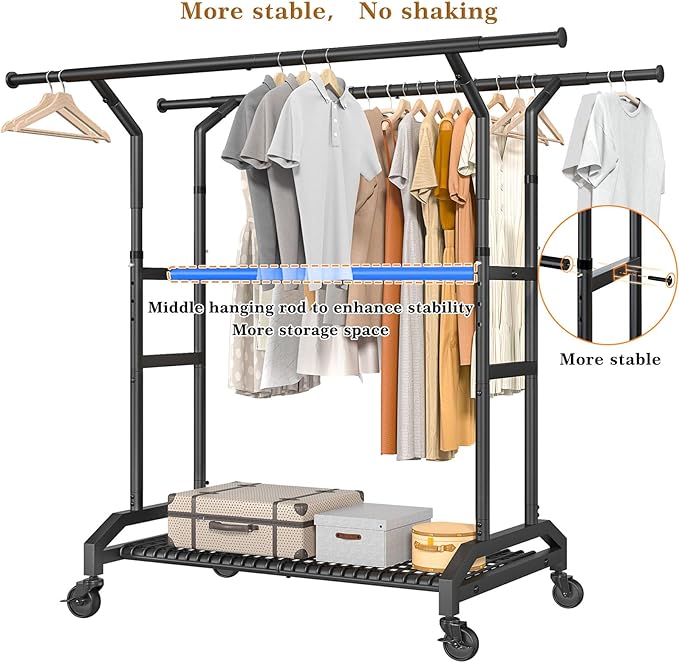 Heavy Duty Clothes Rack Rolling Clothes Rack 3 Rods Clothing Rack 450lbs Capacity 51"-71" L X 19.7" D X 73-79" H Adjustable Rolling Garment Rack