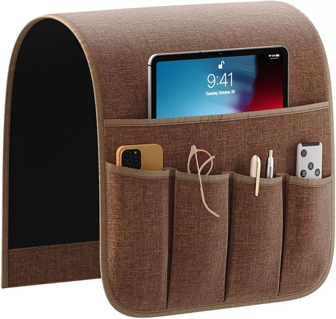 Sofa Armrest Organizer Non-Slip Remote Control Holders for Recliner Couch Chair Armchair Caddy with 5 Pockets for Table,Cell Phone,Ipad,Magazines,Books (Coffee, 13 x 35 Inch)