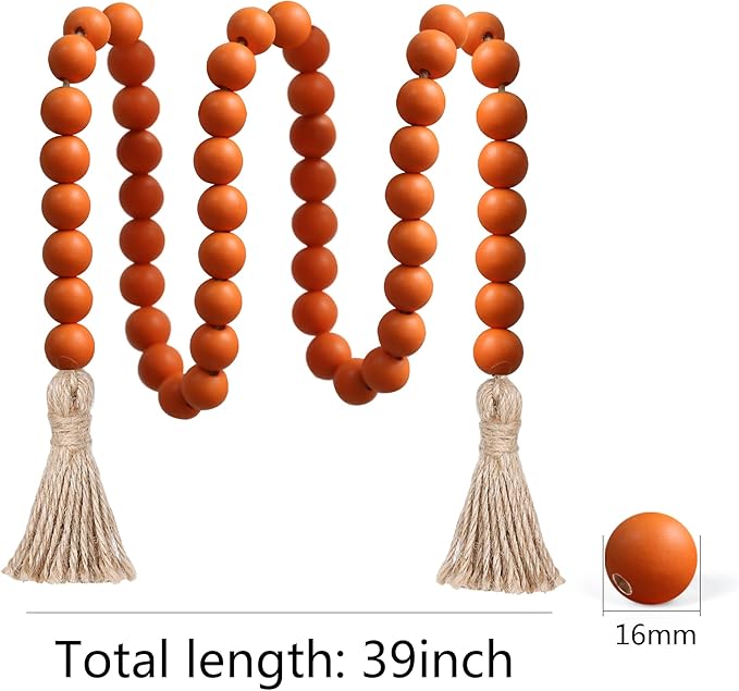 Meplait 39in Wood Bead Garland Farmhouse with Tassels,Versatile Prayer Beads Boho Chic Wall Hanging Home Decor (Orange)
