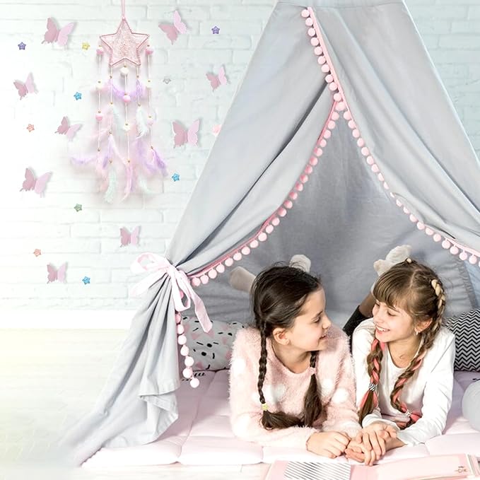Fun-Plus Pink Dream Catcher Wall Hanging Set - 10 Butterflies & 16 Stars, Boho Room Decor for Girls, Easy Peel & Stick Wall Art