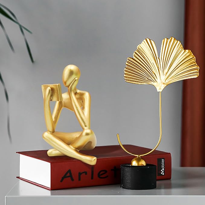 Jinkoozz Gold Reading Women Statue, Thinker Sculptures, Abstract Art Ornament, Modern Aesthetic Figurine Decoration, Suitable for Home Living Room Bedroom Office Shelf Table Desk Bookshelf Decor