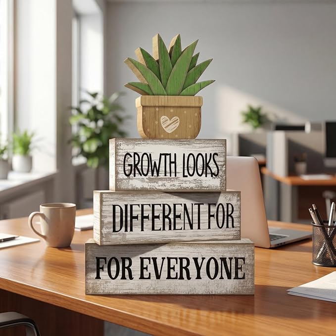 Lineshading 4 Pcs Inspirational Farmhouse Table Decor Growth Looks Different for Everyone Rustic Stacked Wooden Block Signs with Inspirational Quote Artificial Succulent for Home, Office, Shelf Gift