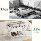 Fully Assembled White Bamboo Luggage Rack, 5 Straps Folding Suitcase Stand with Shoe Shelf, Heavy Duty Wood Large Luggage Holders for Guest Room, Bedroom, Hotel