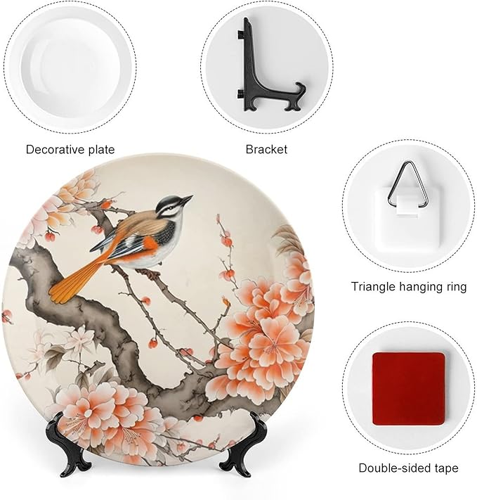 Decorative Plates for Wall Hanging, Bird & Peony Flower Chinese Meticulous Painting Ceramic Plate, Wobble-Plate with Display Stand, Home Decor for Kitchen Cabinets, Farmhouse Round Tray 8 Inch