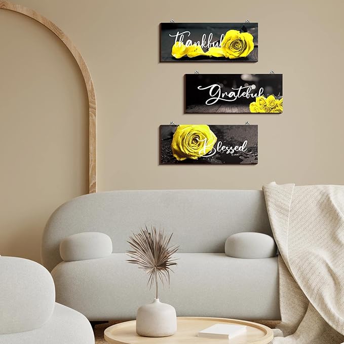 Hillban 3 Pieces Rose Wooden Wall Decor Rose Bathroom Decor Thankful Grateful Blessed Accessories Inspirational Wall Art Signs for Living Room Kitchen Wedding(10 x 4 Inch,Yellow)