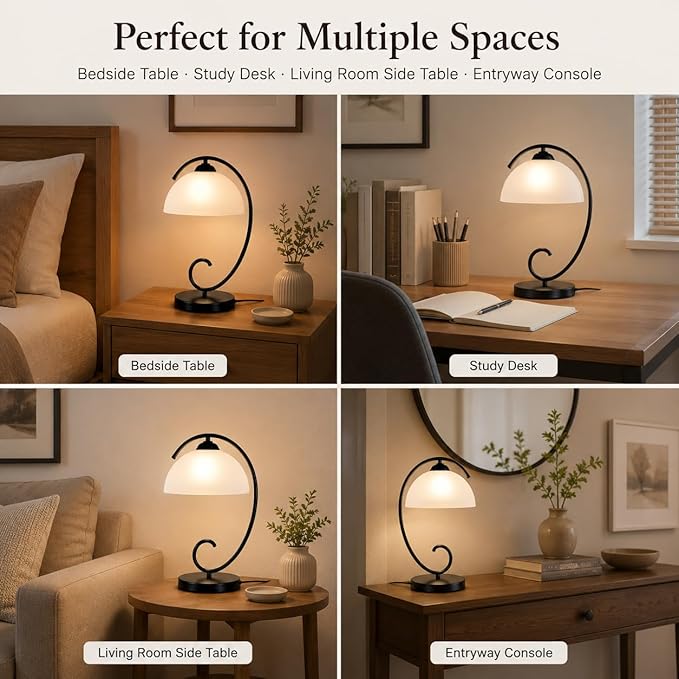 Modern Bedside Table Lamp with Frosted Glass Dome Shade, Sand Black Metal Base, E26 Socket, Plug-in with On/Off Switch for Bedroom, Living Room – No Bulb Included