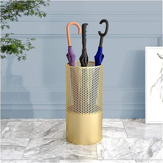 Umbrella Stands Hollowed-out Metal Umbrella Holder with Hooks,Umbrella Rack Modern Round Outdoor Hallway Entryway Umbrella Stand Rack (Color : Gold, Size : 50cm)