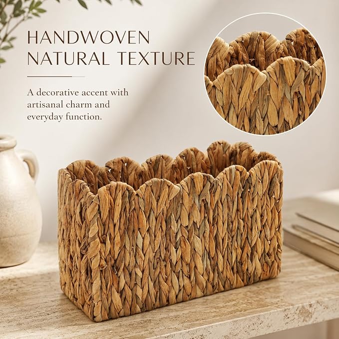 Water Hyacinth Magazine Holder for Floor, Tall Narrow Wicker Magazine Basket with Scalloped Edge – Handwoven Magazine Rack, Book Basket & File Holder for Living Room, Office & Bedroom