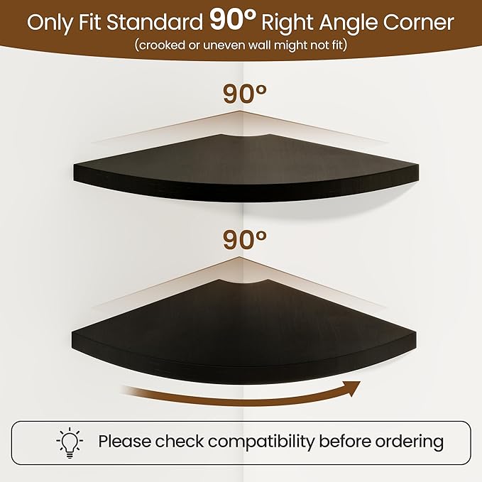 Fun Memories Corner Shelf Wall Mount Set of 2 - Solid Oak Wood Floating Corner Shelf with Cable Hole, 8.5in Rustic Design for Bedroom, Living Room, Kitchen (Black)