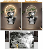 YFQHRXYS 3D Oriental Waterfall Wall Art with LED Light,Oriental Welcoming Pine Landscape for Living Room Office Decor,Modern Art Wall Decor Sculptures, Plug-in Power Supply, Remote Control（50 * 75cm）