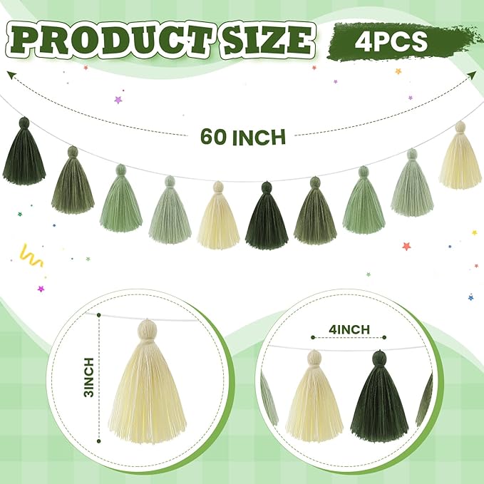 WILLBOND 4 Pieces Tassel Garland Sage Green Forest Garland for Classroom Wall Dorm Decor Boho Pastel Cotton Tassel Banners for Party Schooll(3.1 Inch, Green Colors)