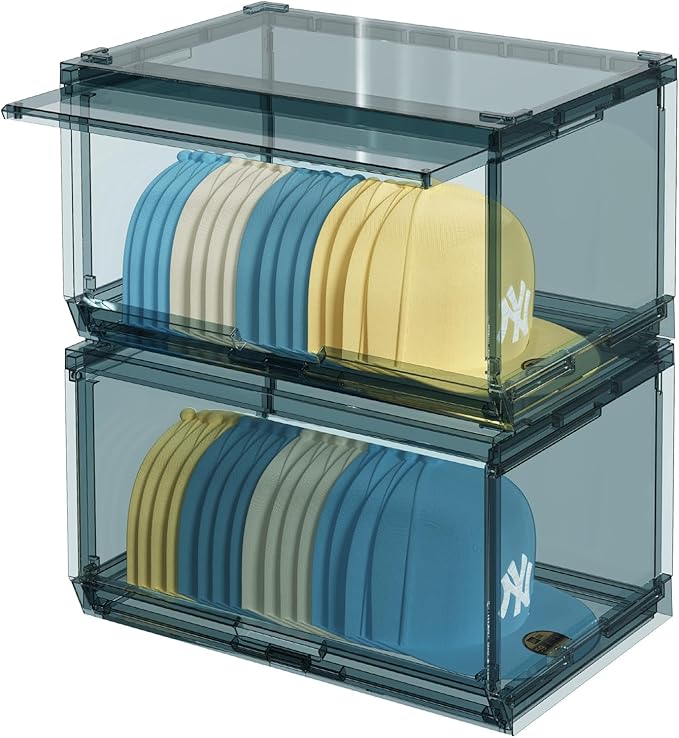 2 Pack Large Hat Organizer Box, Stackable Clear Baseball Caps Holder Box Containers with Sliding Door for Hats Snapback Cap Storag, Hat Rack Display Case, Holds 20 Hats Each -Blue